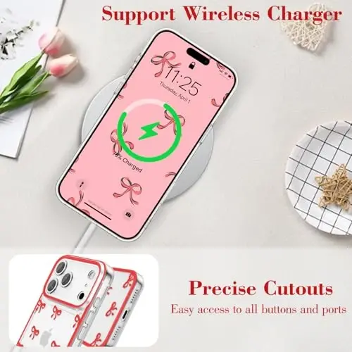 EYZUTAK Case for iPhone 17 Pro, Clear Cute Ribbon Bowknot Pattern Aesthetic Transparent Phone Case Raised Camera Protection Stylish Slim Soft Durable TPU Protective Cover for Women Girls - Red - 5