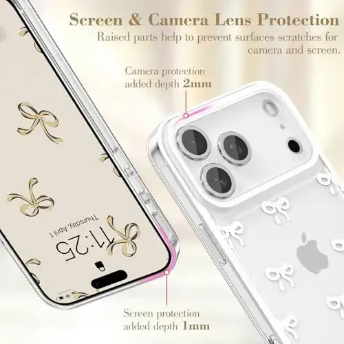 EYZUTAK Case for iPhone 17 Pro, Clear Cute Ribbon Bowknot Pattern Aesthetic Transparent Phone Case Raised Camera Protection Stylish Slim Soft Durable TPU Protective Cover for Women Girls - White - 11