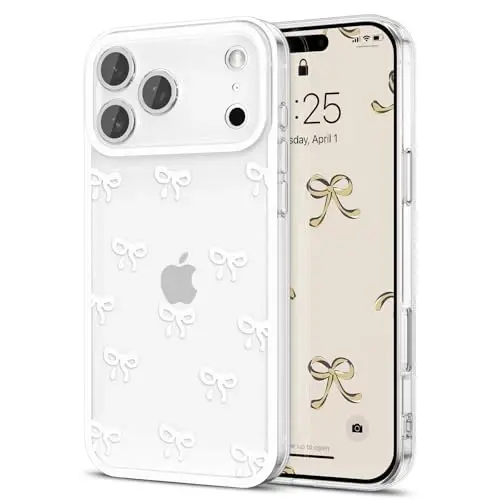 EYZUTAK Case for iPhone 17 Pro, Clear Cute Ribbon Bowknot Pattern Aesthetic Transparent Phone Case Raised Camera Protection Stylish Slim Soft Durable TPU Protective Cover for Women Girls - White - 1