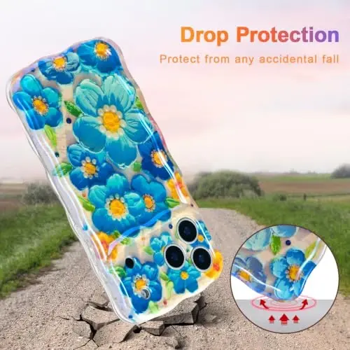 EYZUTAK Case for iPhone 17 Pro, Colorful Retro Oil Painting Flower Laser Glossy Pattern Cute Curly Wave Edge Exquisite Phone Cover Stylish Durable TPU Protective Case for Girl Women - Blue - 3