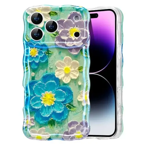 EYZUTAK Case for iPhone 17 Pro, Colorful Retro Oil Painting Flower Laser Glossy Pattern Cute Curly Wave Edge Exquisite Phone Cover Stylish Durable TPU Protective Case for Girl Women - Blue Purple 