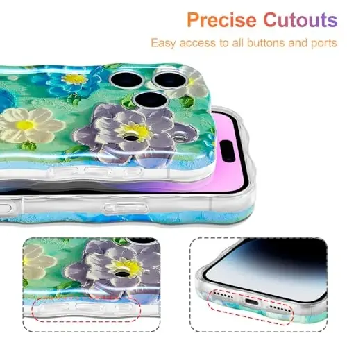 EYZUTAK Case for iPhone 17 Pro, Colorful Retro Oil Painting Flower Laser Glossy Pattern Cute Curly Wave Edge Exquisite Phone Cover Stylish Durable TPU Protective Case for Girl Women - Blue Purple - 5
