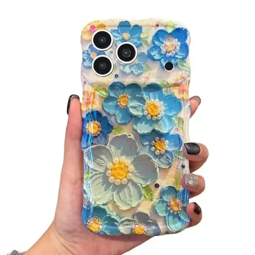 EYZUTAK Case for iPhone 17 Pro, Colorful Retro Oil Painting Flower Laser Glossy Pattern Cute Curly Wave Edge Exquisite Phone Cover Stylish Durable TPU Protective Case for Girl Women - Blue 