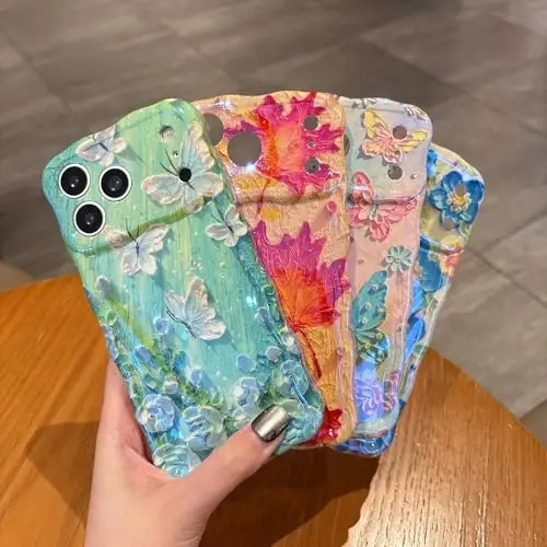 EYZUTAK Case for iPhone 17 Pro, Colorful Retro Oil Painting Flower Laser Glossy Pattern Cute Curly Wave Edge Exquisite Phone Cover Stylish Durable TPU Protective Case for Girl Women - Blue - 6