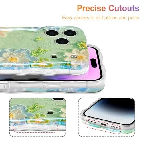 EYZUTAK Case for iPhone 17 Pro, Colorful Retro Oil Painting Flower Laser Glossy Pattern Cute Curly Wave Edge Exquisite Phone Cover Stylish Durable TPU Protective Case for Girl Women - Blue White - 5