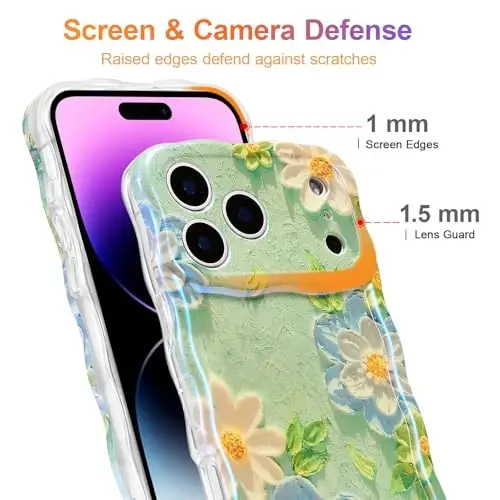 EYZUTAK Case for iPhone 17 Pro, Colorful Retro Oil Painting Flower Laser Glossy Pattern Cute Curly Wave Edge Exquisite Phone Cover Stylish Durable TPU Protective Case for Girl Women - Blue White - 4