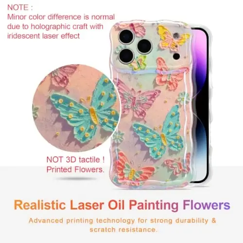 EYZUTAK Case for iPhone 17 Pro, Colorful Retro Oil Painting Flower Laser Glossy Pattern Cute Curly Wave Edge Exquisite Phone Cover Stylish Durable TPU Protective Case for Girl Women - Butterflies - EYZUTAK (1)