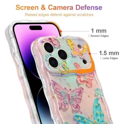 EYZUTAK Case for iPhone 17 Pro, Colorful Retro Oil Painting Flower Laser Glossy Pattern Cute Curly Wave Edge Exquisite Phone Cover Stylish Durable TPU Protective Case for Girl Women - Butterflies - 4