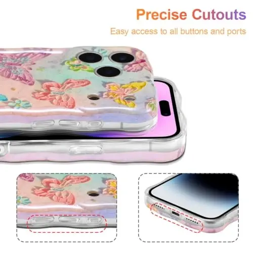 EYZUTAK Case for iPhone 17 Pro, Colorful Retro Oil Painting Flower Laser Glossy Pattern Cute Curly Wave Edge Exquisite Phone Cover Stylish Durable TPU Protective Case for Girl Women - Butterflies - 5