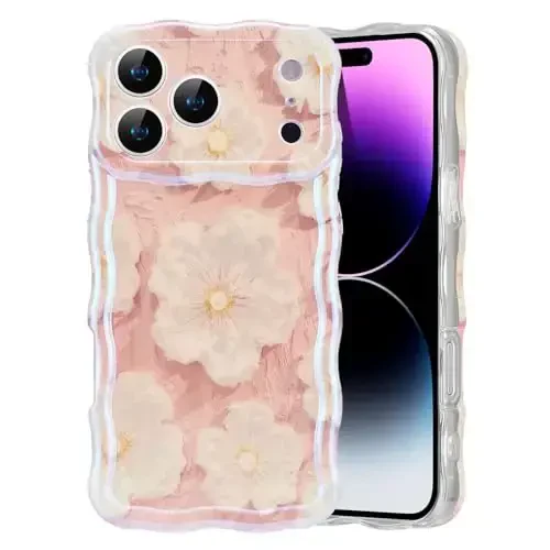EYZUTAK Case for iPhone 17 Pro, Colorful Retro Oil Painting Flower Laser Glossy Pattern Cute Curly Wave Edge Exquisite Phone Cover Stylish Durable TPU Protective Case for Girl Women - Light Pink 