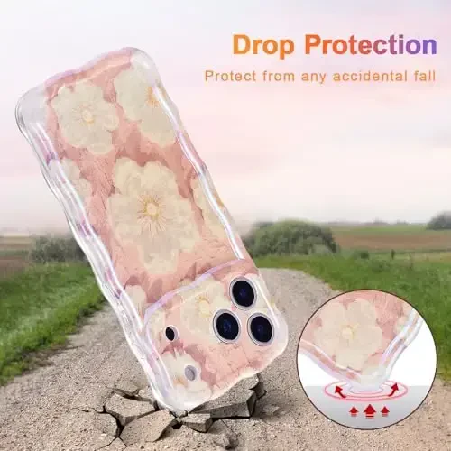 EYZUTAK Case for iPhone 17 Pro, Colorful Retro Oil Painting Flower Laser Glossy Pattern Cute Curly Wave Edge Exquisite Phone Cover Stylish Durable TPU Protective Case for Girl Women - Light Pink - 3