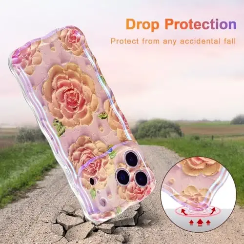 EYZUTAK Case for iPhone 17 Pro, Colorful Retro Oil Painting Flower Laser Glossy Pattern Cute Curly Wave Edge Exquisite Phone Cover Stylish Durable TPU Protective Case for Girl Women - Pink Peony - 3