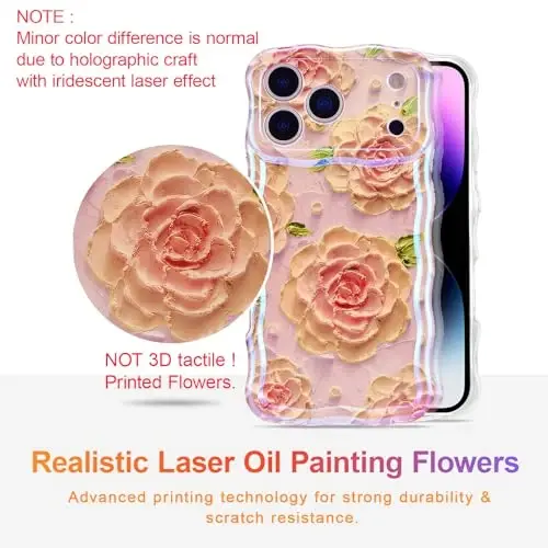 EYZUTAK Case for iPhone 17 Pro, Colorful Retro Oil Painting Flower Laser Glossy Pattern Cute Curly Wave Edge Exquisite Phone Cover Stylish Durable TPU Protective Case for Girl Women - Pink Peony - 2