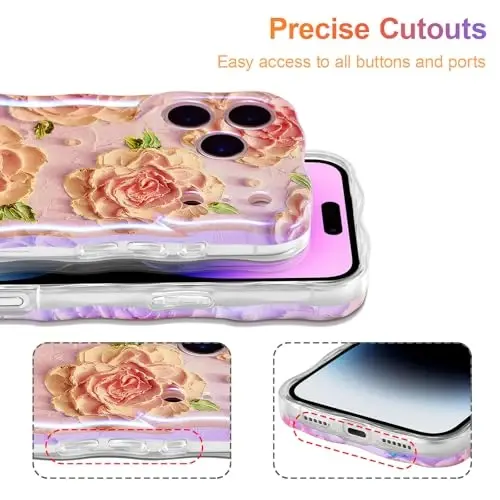EYZUTAK Case for iPhone 17 Pro, Colorful Retro Oil Painting Flower Laser Glossy Pattern Cute Curly Wave Edge Exquisite Phone Cover Stylish Durable TPU Protective Case for Girl Women - Pink Peony - 5