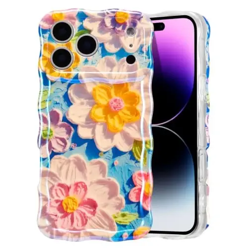 EYZUTAK Case for iPhone 17 Pro, Colorful Retro Oil Painting Flower, White | Laser Glossy Floral Pattern, Cute Curly Wave Edge, Exquisite Phone Cover, Stylish Durable TPU Protective Case for Girl Women 