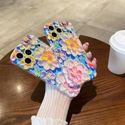 EYZUTAK Case for iPhone 17 Pro, Colorful Retro Oil Painting Flower Laser Glossy Pattern Cute Curly Wave Edge Exquisite Phone Cover Stylish Durable TPU Protective Case for Girl Women - White - 4