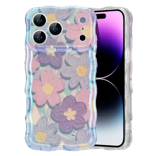 EYZUTAK Case for iPhone 17 Pro, Colorful Retro Oil Painting Flower Laser Glossy Pattern Cute Curly Wave Edge Exquisite Phone Cover Stylish Durable TPU Protective Case for Girls Women - Pink Purple 
