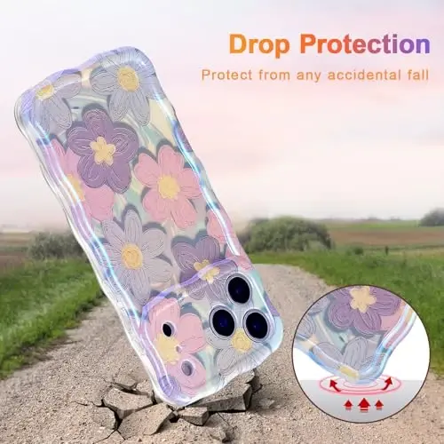 EYZUTAK Case for iPhone 17 Pro, Colorful Retro Oil Painting Flower Laser Glossy Pattern Cute Curly Wave Edge Exquisite Phone Cover Stylish Durable TPU Protective Case for Girls Women - Pink Purple - 3