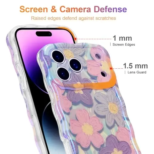 EYZUTAK Case for iPhone 17 Pro, Colorful Retro Oil Painting Flower Laser Glossy Pattern Cute Curly Wave Edge Exquisite Phone Cover Stylish Durable TPU Protective Case for Girls Women - Pink Purple - 4