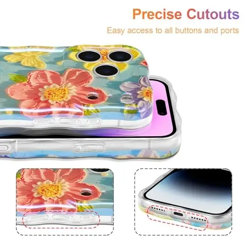 EYZUTAK Case for iPhone 17 Pro, Colorful Retro Oil Painting Flower Laser Glossy Pattern Cute Curly Wave Edge Exquisite Phone Cover Stylish Durable TPU Protective Case for Women - Butterfly Flower - 5