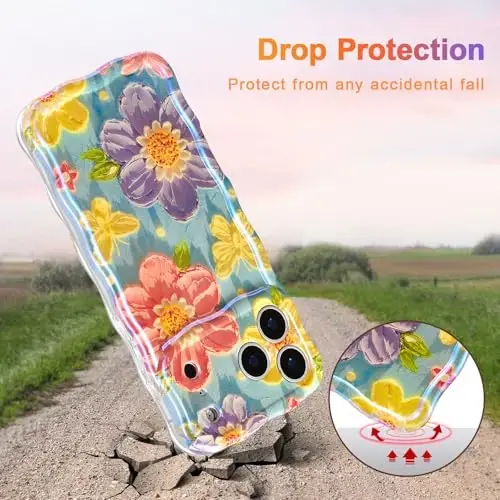EYZUTAK Case for iPhone 17 Pro, Colorful Retro Oil Painting Flower Laser Glossy Pattern Cute Curly Wave Edge Exquisite Phone Cover Stylish Durable TPU Protective Case for Women - Butterfly Flower - 3