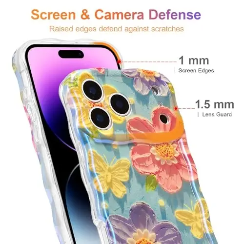EYZUTAK Case for iPhone 17 Pro, Colorful Retro Oil Painting Flower Laser Glossy Pattern Cute Curly Wave Edge Exquisite Phone Cover Stylish Durable TPU Protective Case for Women - Butterfly Flower - 4