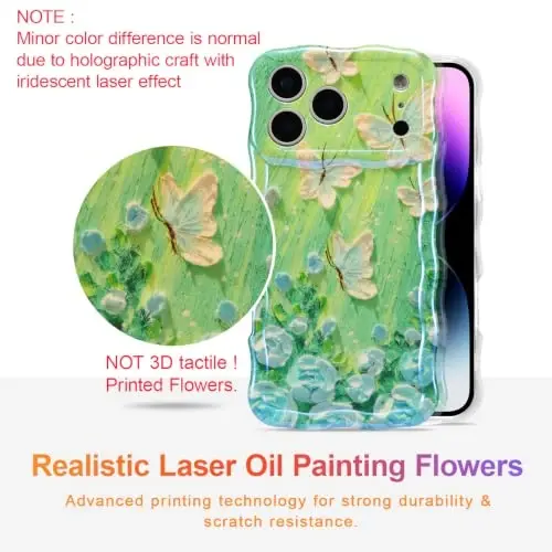 EYZUTAK Case for iPhone 17 Pro, Colorful Retro Oil Painting Flower Laser Glossy Pattern Cute Curly Wave Edge Exquisite Phone Cover Stylish Durable TPU Protective Case for Women - Butterfly Green - 2