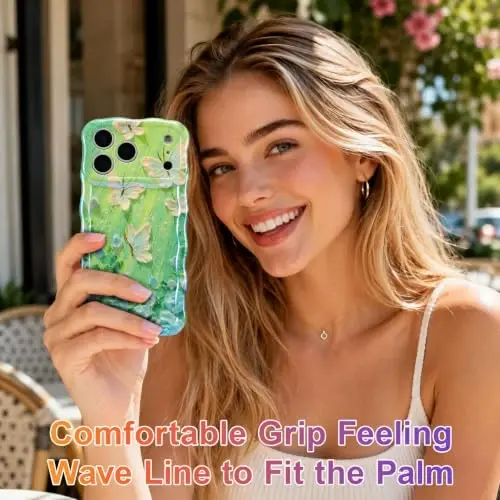 EYZUTAK Case for iPhone 17 Pro, Colorful Retro Oil Painting Flower Laser Glossy Pattern Cute Curly Wave Edge Exquisite Phone Cover Stylish Durable TPU Protective Case for Women - Butterfly Green - 6