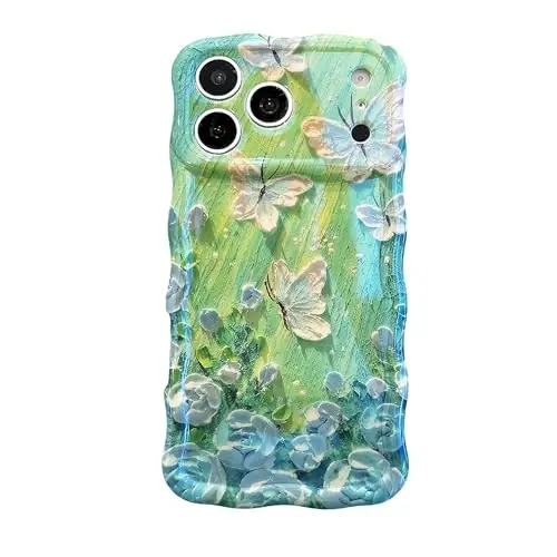 EYZUTAK Case for iPhone 17 Pro, Colorful Retro Oil Painting Flower Laser Glossy Pattern Cute Curly Wave Edge Exquisite Phone Cover Stylish Durable TPU Protective Case for Women - Butterfly Green - 3