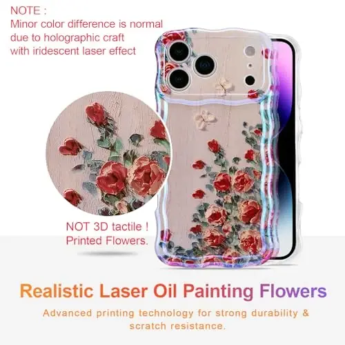 EYZUTAK Case for iPhone 17 Pro, Colorful Retro Oil Painting Printed Flower Laser Glossy Pattern Cute Curly Wave Edge Exquisite Phone Cover Stylish Durable TPU Protective Case for Girl Women-Beige - EYZUTAK (1)