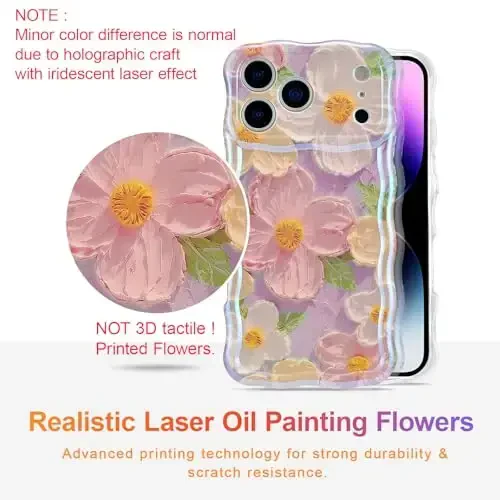 EYZUTAK Case for iPhone 17 Pro, Colorful Retro Oil Painting Printed Flower Laser Glossy Pattern Cute Curly Wave Edge Exquisite Phone Cover Stylish Durable TPU Protective Case for Girl Women-Pink - 2