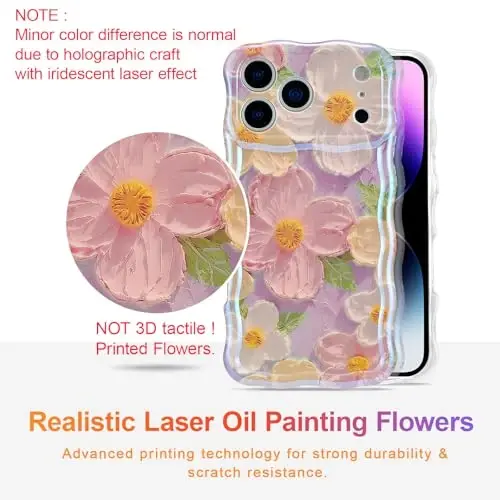 EYZUTAK Case for iPhone 17 Pro, Colorful Retro Oil Painting Printed Flower Laser Glossy Pattern Cute Curly Wave Edge Exquisite Phone Cover Stylish Durable TPU Protective Case for Girl Women-Pink - EYZUTAK (1)