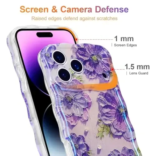 EYZUTAK Case for iPhone 17 Pro, Colorful Retro Oil Painting Printed Flower Laser Glossy Pattern Cute Curly Wave Edge Exquisite Phone Cover Stylish Durable TPU Protective Case for Girl Women-Purple - 4