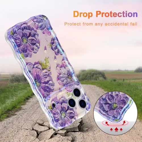 EYZUTAK Case for iPhone 17 Pro, Colorful Retro Oil Painting Printed Flower Laser Glossy Pattern Cute Curly Wave Edge Exquisite Phone Cover Stylish Durable TPU Protective Case for Girl Women-Purple - 3