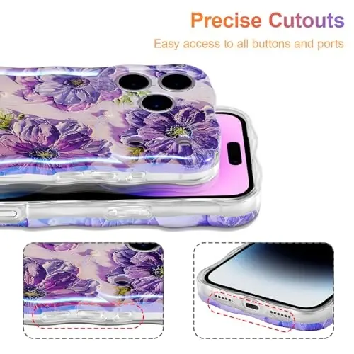 EYZUTAK Case for iPhone 17 Pro, Colorful Retro Oil Painting Printed Flower Laser Glossy Pattern Cute Curly Wave Edge Exquisite Phone Cover Stylish Durable TPU Protective Case for Girl Women-Purple - 5