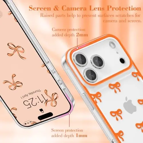 EYZUTAK Case for iPhone 17 Pro Max, Clear Cute Ribbon Bowknot Pattern Aesthetic Transparent Phone Case Raised Camera Protection Stylish Slim Soft Durable TPU Protective Cover for Women Girls - Orange - EYZUTAK (1)