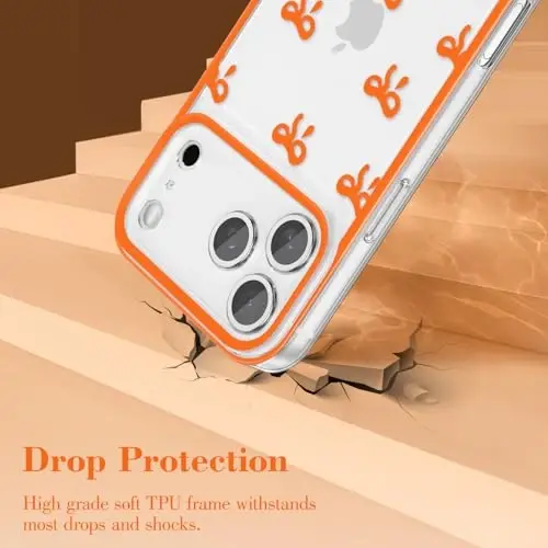 EYZUTAK Case for iPhone 17 Pro Max, Clear Cute Ribbon Bowknot Pattern Aesthetic Transparent Phone Case Raised Camera Protection Stylish Slim Soft Durable TPU Protective Cover for Women Girls - Orange - 3