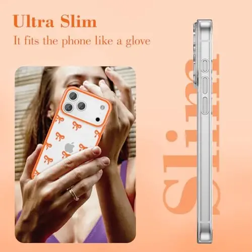 EYZUTAK Case for iPhone 17 Pro Max, Clear Cute Ribbon Bowknot Pattern Aesthetic Transparent Phone Case Raised Camera Protection Stylish Slim Soft Durable TPU Protective Cover for Women Girls - Orange - 4