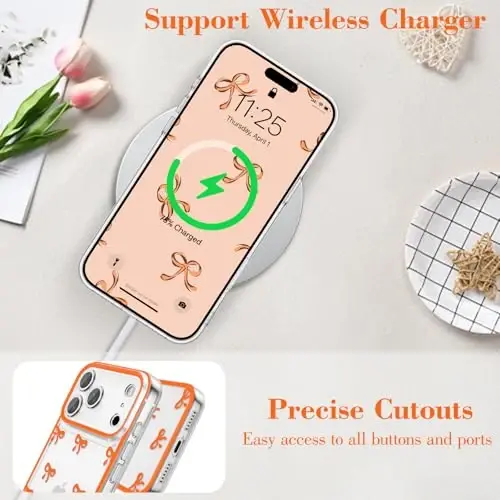 EYZUTAK Case for iPhone 17 Pro Max, Clear Cute Ribbon Bowknot Pattern Aesthetic Transparent Phone Case Raised Camera Protection Stylish Slim Soft Durable TPU Protective Cover for Women Girls - Orange - 5