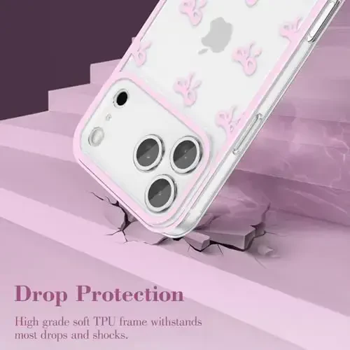 EYZUTAK Case for iPhone 17 Pro Max, Clear Cute Ribbon Bowknot Pattern Aesthetic Transparent Phone Case Raised Camera Protection Stylish Slim Soft Durable TPU Protective Cover for Women Girls - Pink - 11