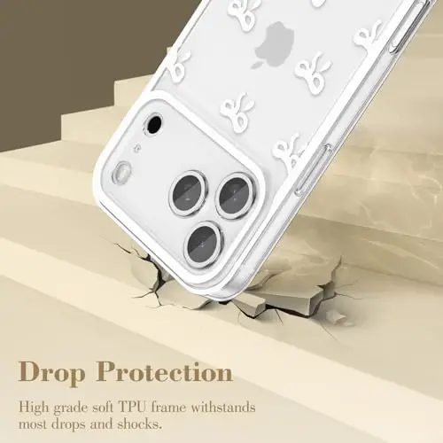 EYZUTAK Case for iPhone 17 Pro Max, Clear Cute Ribbon Bowknot Pattern Aesthetic Transparent Phone Case Raised Camera Protection Stylish Slim Soft Durable TPU Protective Cover for Women Girls - White - 3
