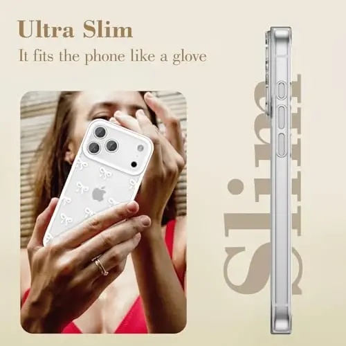 EYZUTAK Case for iPhone 17 Pro Max, Clear Cute Ribbon Bowknot Pattern Aesthetic Transparent Phone Case Raised Camera Protection Stylish Slim Soft Durable TPU Protective Cover for Women Girls - White - 4