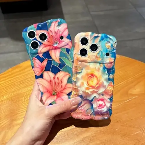 EYZUTAK Case for iPhone 17 Pro Max, Colorful Oil Painting Flower, Lily | Laser Glossy Floral Pattern, Cute Curly Wave Edge, Exquisite Phone Cover, Stylish Durable TPU Protective Case for Girl Women - 5