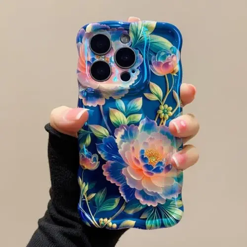 EYZUTAK Case for iPhone 17 Pro Max, Colorful Oil Painting Flower,Blue Peony | Laser Glossy Floral Pattern, Cute Curly Wave Edge, Exquisite Phone Cover, Stylish Durable TPU Protective Case for Girl Women - 5