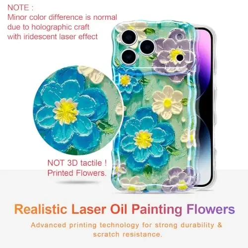 EYZUTAK Case for iPhone 17 Pro Max, Colorful Retro Oil Painting Flower Laser Glossy Pattern Cute Curly Wave Edge Exquisite Phone Cover Stylish Durable TPU Protective Case for Girl Women - Blue Purple - EYZUTAK (1)