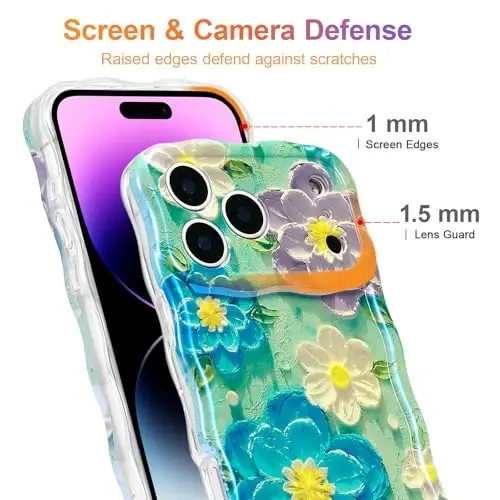 EYZUTAK Case for iPhone 17 Pro Max, Retro Oil Painting Flower, Blue Purple | Laser Glossy Floral Pattern, Cute Curly Wave Edge, Exquisite Phone Cover, Stylish Durable TPU Protective Case for Girl Women - 4