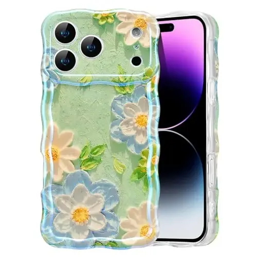 EYZUTAK Case for iPhone 17 Pro Max, Colorful Retro Oil Painting Flower Laser Glossy Pattern Cute Curly Wave Edge Exquisite Phone Cover Stylish Durable TPU Protective Case for Girl Women - Blue White 