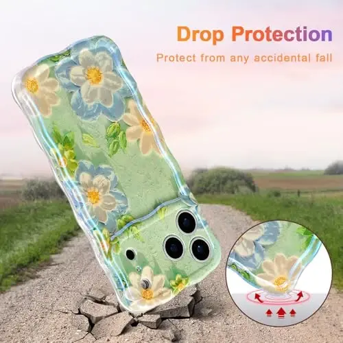 EYZUTAK Case for iPhone 17 Pro Max, Colorful Retro Oil Painting Flower Laser Glossy Pattern Cute Curly Wave Edge Exquisite Phone Cover Stylish Durable TPU Protective Case for Girl Women - Blue White - 3