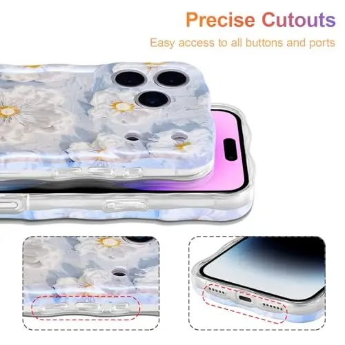 EYZUTAK Case for iPhone 17 Pro Max, Colorful Retro Oil Painting Flower Laser Glossy Pattern Cute Curly Wave Edge Exquisite Phone Cover Stylish Durable TPU Protective Case for Girl Women - Light Blue - 5