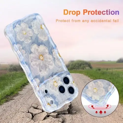 EYZUTAK Case for iPhone 17 Pro Max, Colorful Retro Oil Painting Flower Laser Glossy Pattern Cute Curly Wave Edge Exquisite Phone Cover Stylish Durable TPU Protective Case for Girl Women - Light Blue - 3